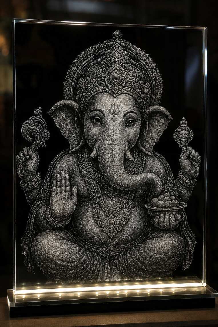 Hand Carved Ganesha Marble & Glass Art Portrait for Home Decor