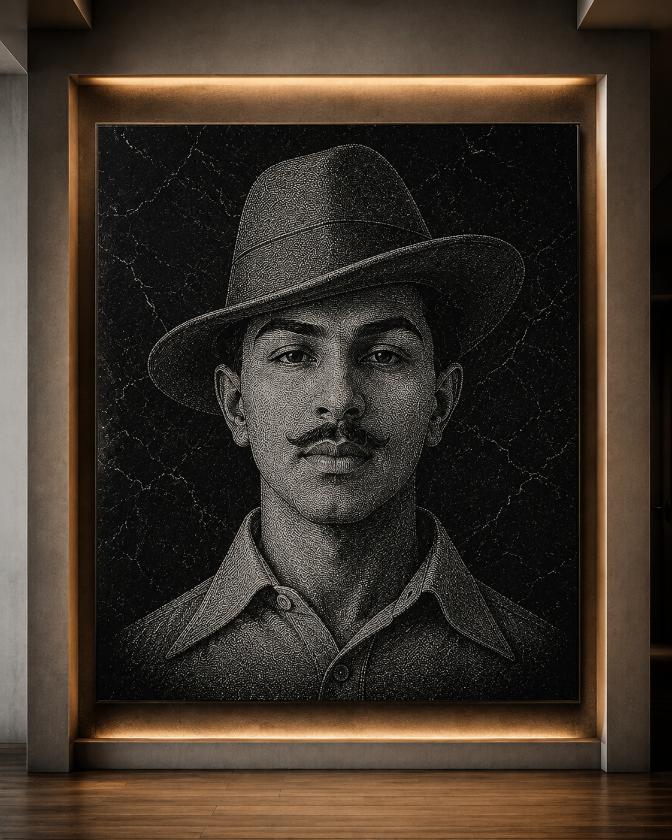 Bhagat Singh Hand Hammered Marble & Glass Art Portrait Custom Wall Art