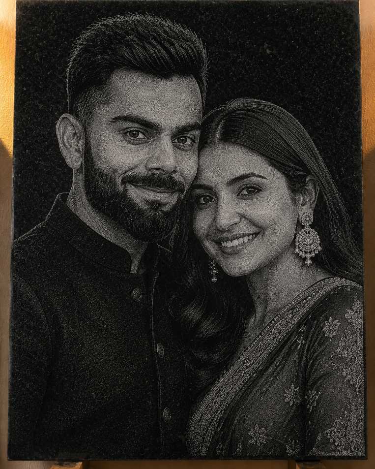 Virat Anushka Couple Hand Hammered Marble & Glass Art Portrait