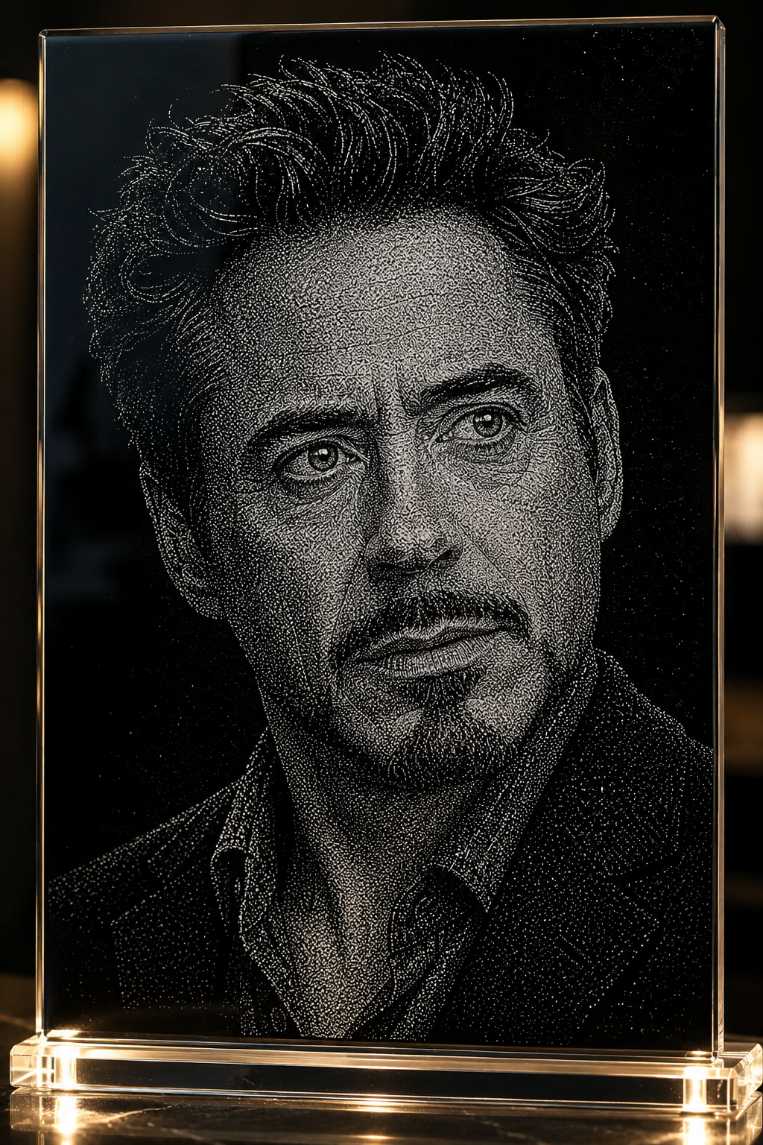 Custom Robert Downey Jr. Hand Hammered Marble & Glass Art Portrait