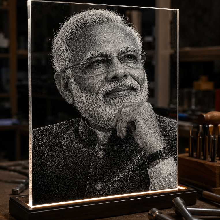 Narendra Modi Custom Marble & Glass Hand Hammered Portrait Art