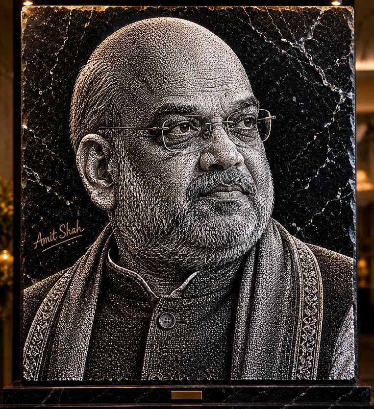 Amit Shah Custom Hand Hammered Marble & Glass Art Portrait Painting
