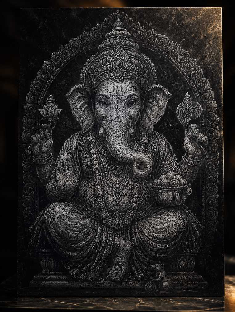 Hand Carved Ganesha Marble & Glass Art Portrait for Home Decor