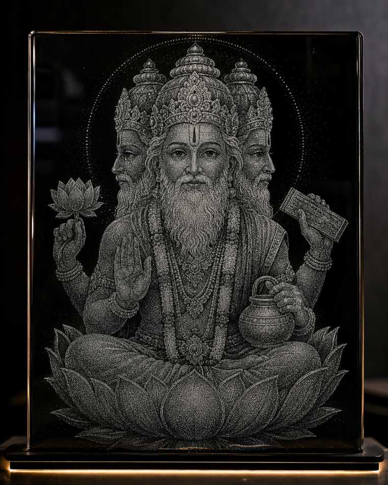 Brahma Ji Custom Hammering Carved Marble & Glass Art Portrait