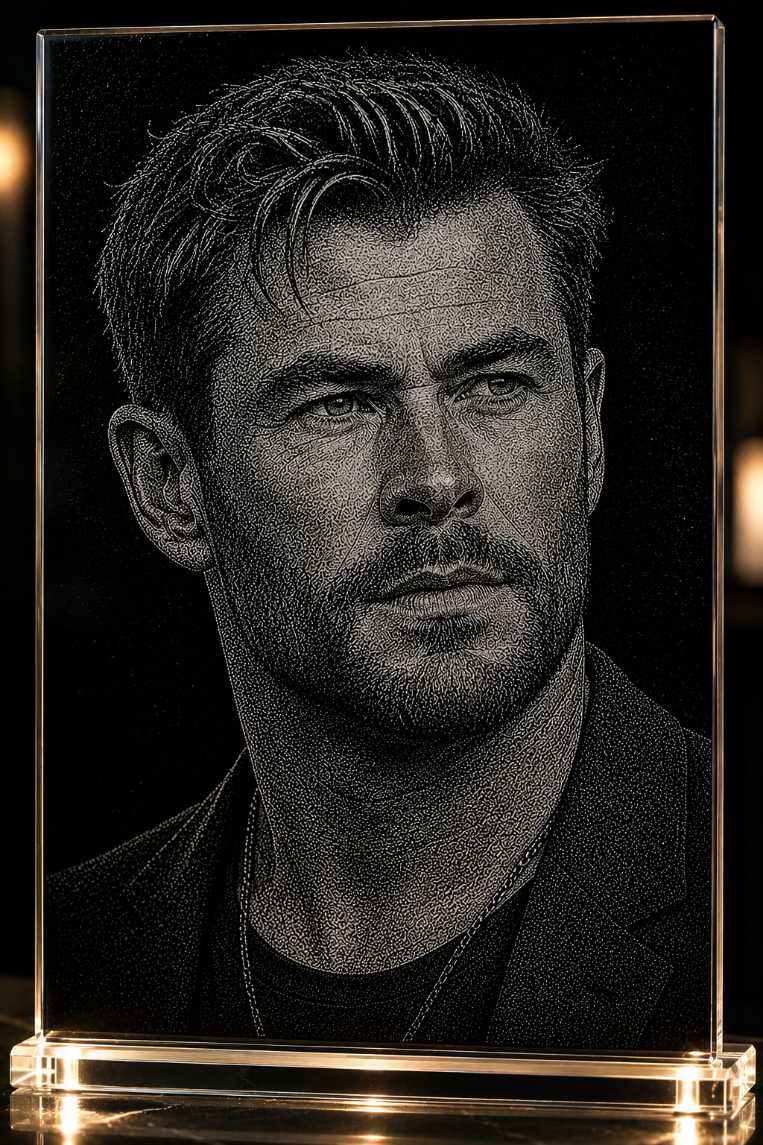 Chris Hemsworth Hand Hammered Marble & Glass Art Portrait — Main Display