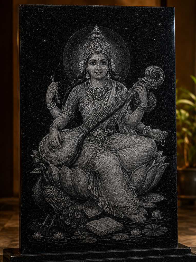 Saraswati ji Hand Hammered Marble & Glass Art Portrait