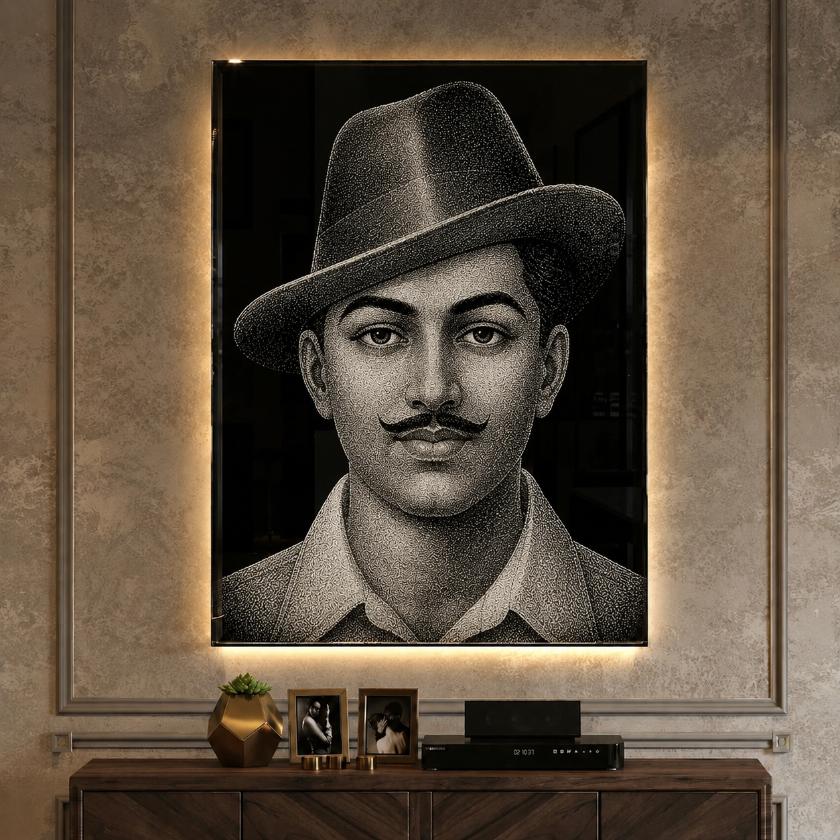 Bhagat Singh Hand Hammered Marble & Glass Art Portrait Custom Wall Art — Main Display