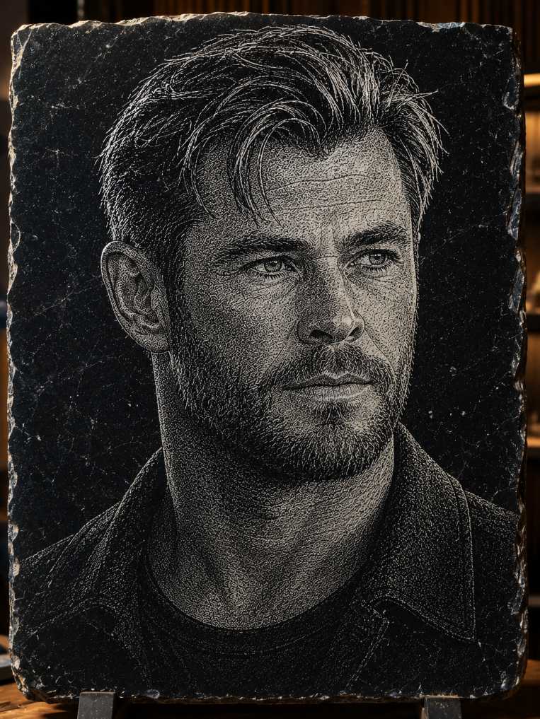 Chris Hemsworth Hand Hammered Marble & Glass Art Portrait