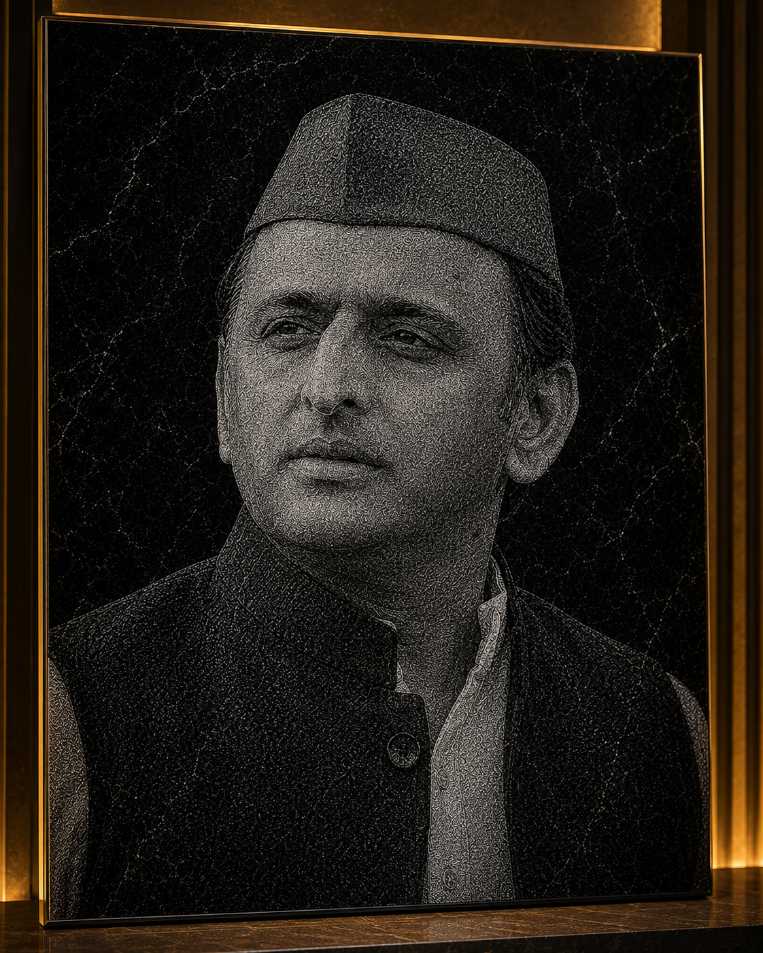 Akhilesh Yadav Hand Hammered Marble & Glass Art Portrait Painting
