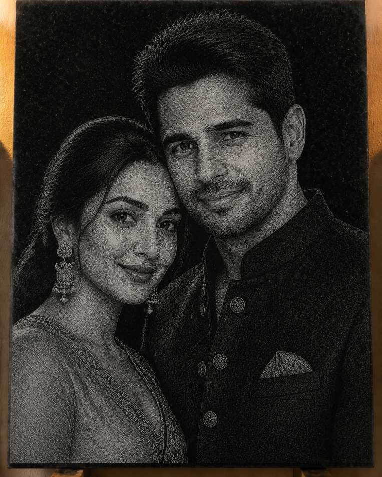 Kiara and Sidharth Hand Hammered Marble & Glass Art Portrait