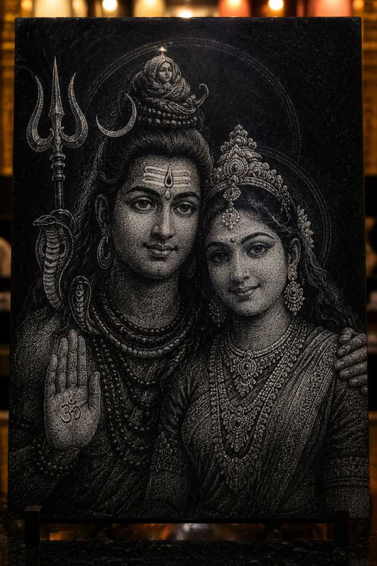 Shiv and Parvati Handmade Marble & Glass Hammered Art Portrait