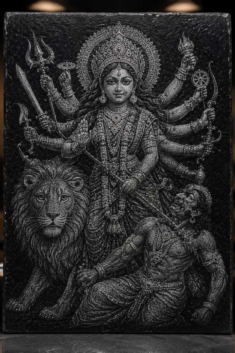 Maa  Durga Marble & Glass Hand Hammered Art Portrait — gallery image