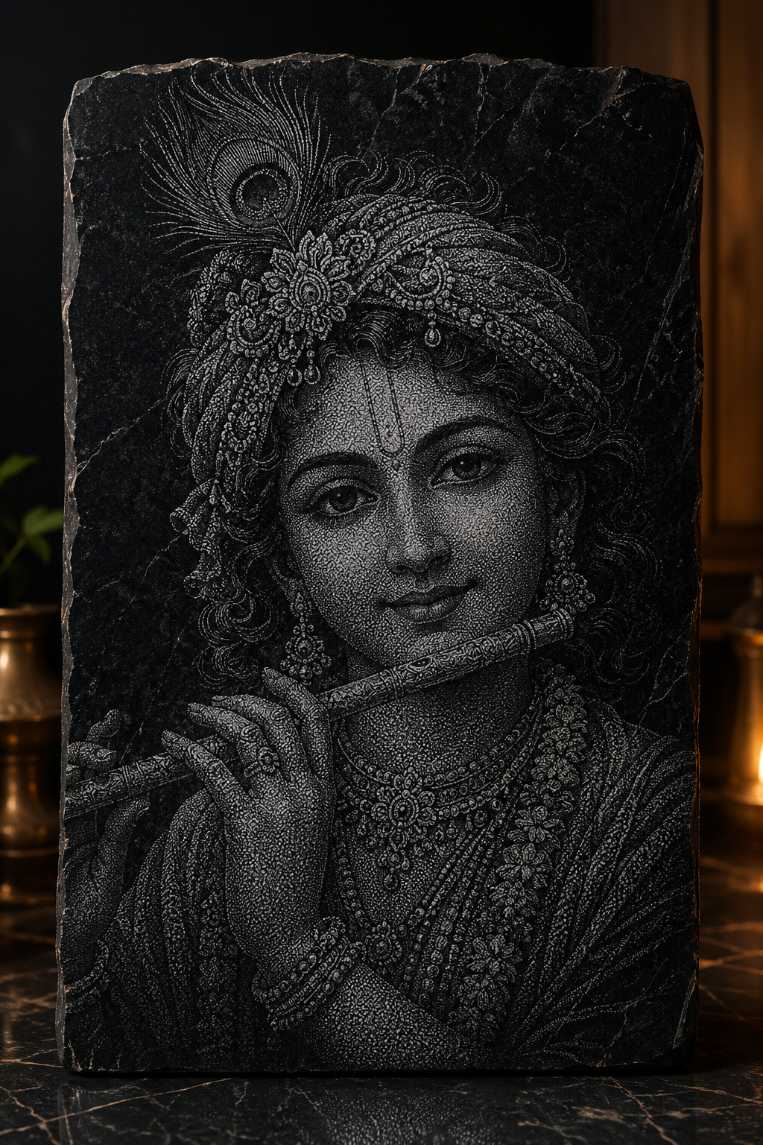 Lord Krishna Marble & Glass Hammered Art Portrait | Custom Wall Art — gallery image