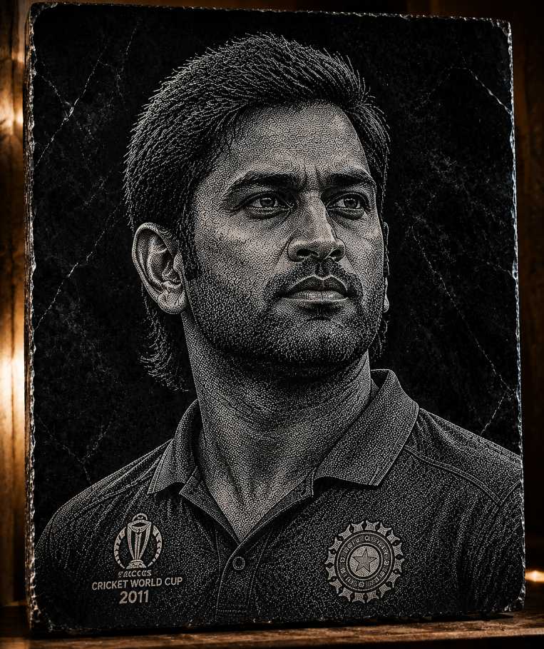 MS Dhoni Hand Hammered Marble & Glass Art Portrait Wall Decor