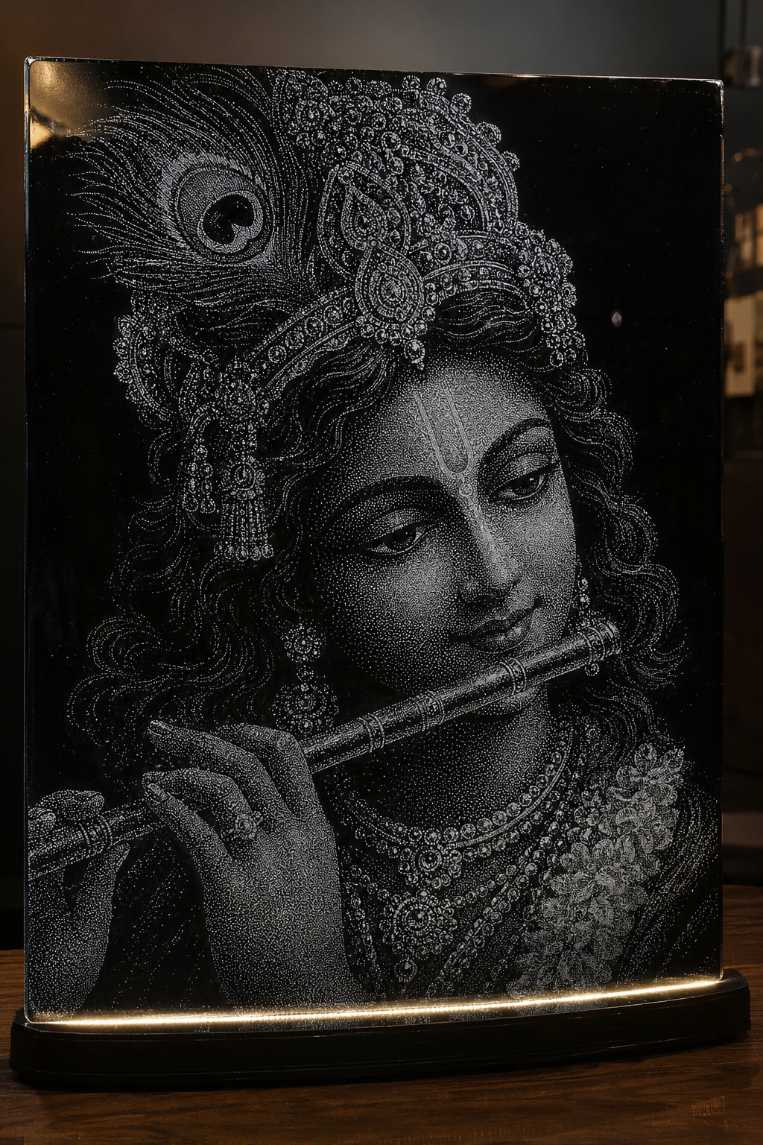 Lord Krishna Marble & Glass Hammered Art Portrait | Custom Wall Art