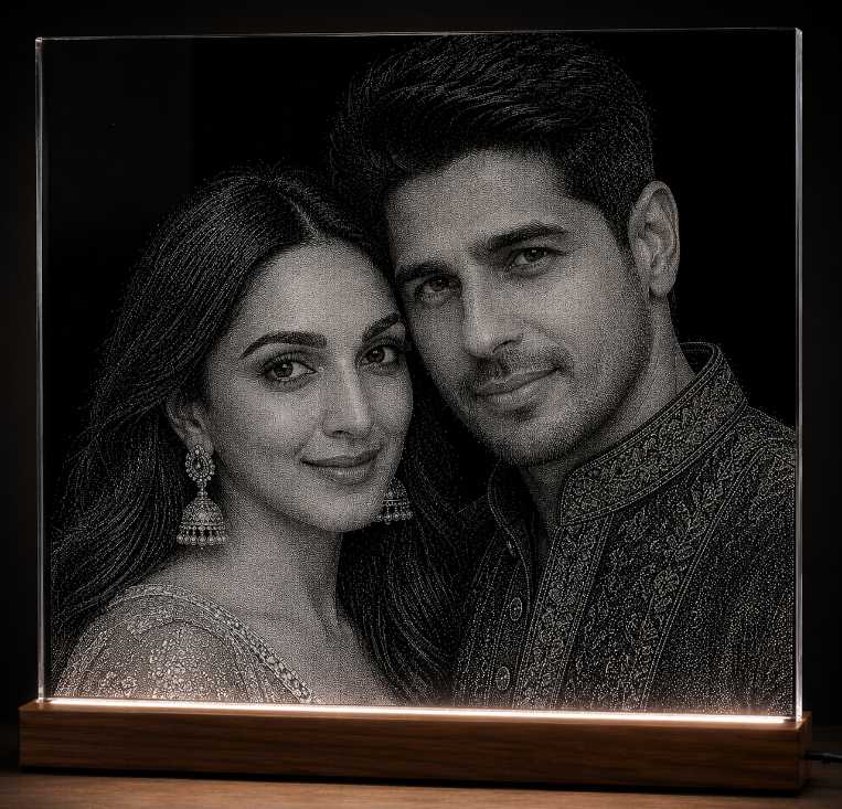 Kiara and Sidharth Hand Hammered Marble & Glass Art Portrait