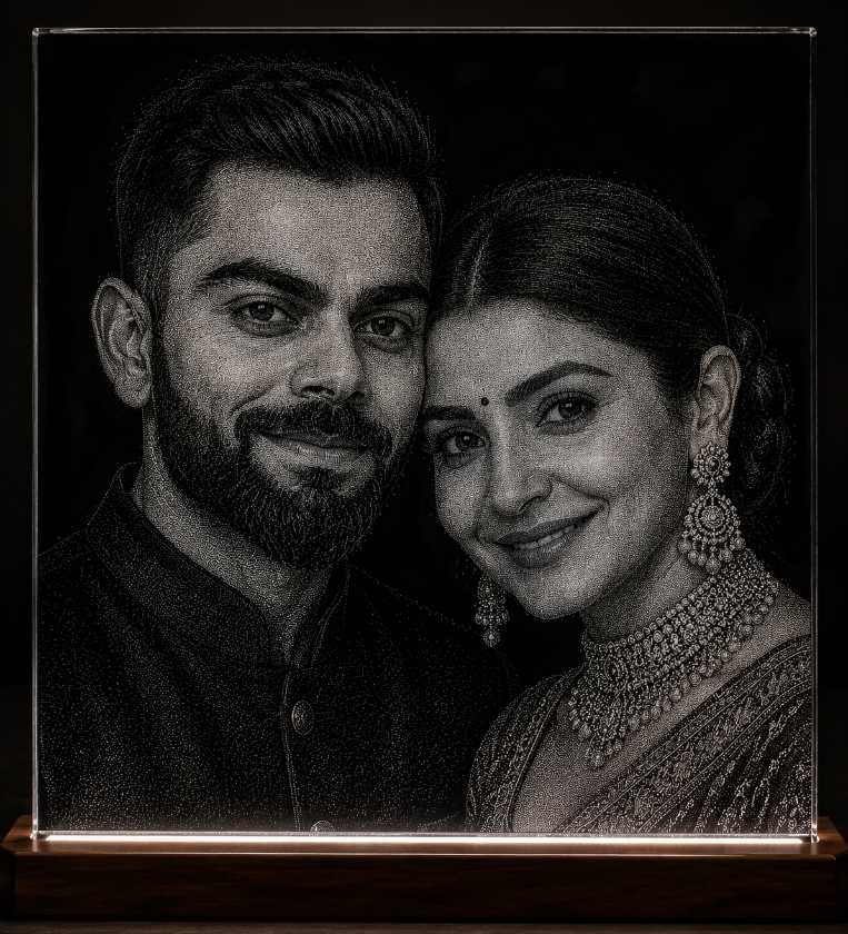 Virat Anushka Couple Hand Hammered Marble & Glass Art Portrait — Main Display