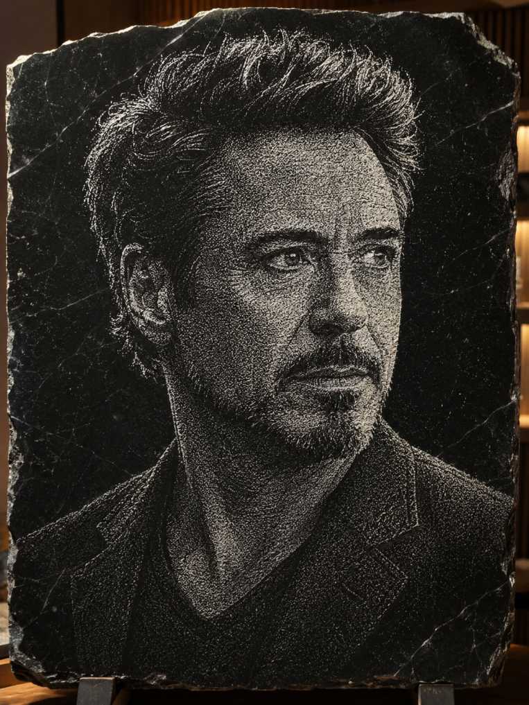 Custom Robert Downey Jr. Hand Hammered Marble & Glass Art Portrait